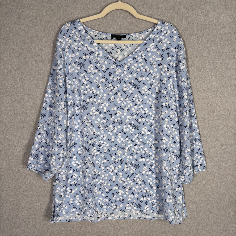 Mario Serrani Blouse Large Blueβ White Floral Pullover Cottage Peasant Boho